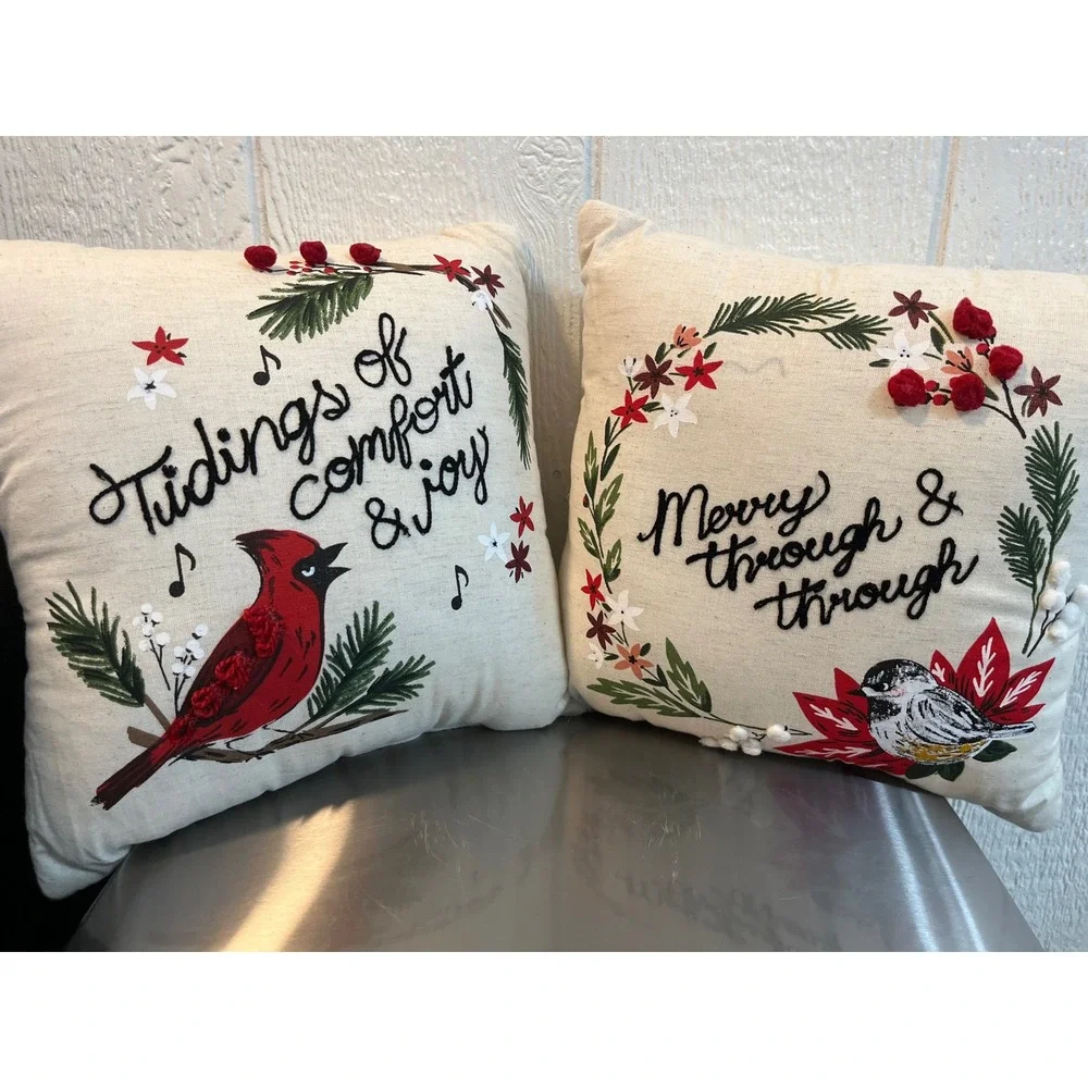 Set of 2 Christmas Throw Pillows Cardinal Bird